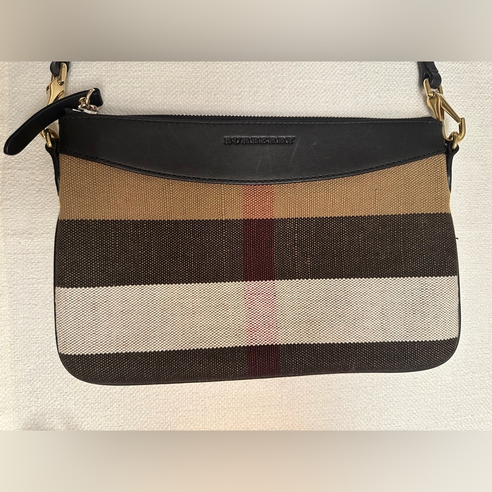 Burberry Black Canvas Crossbody with  Leather Card Holder Compartments.